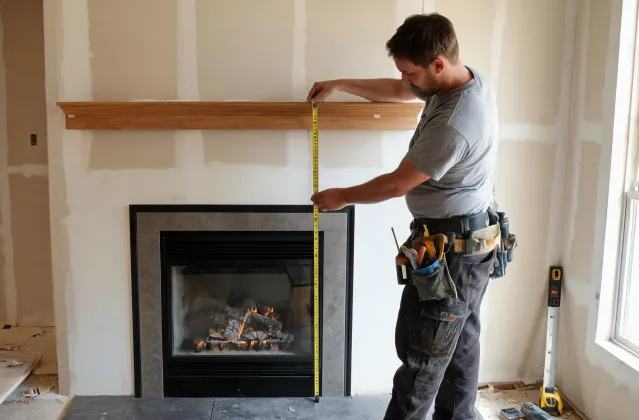 Installer checking mantel clearance on Valor fireplace