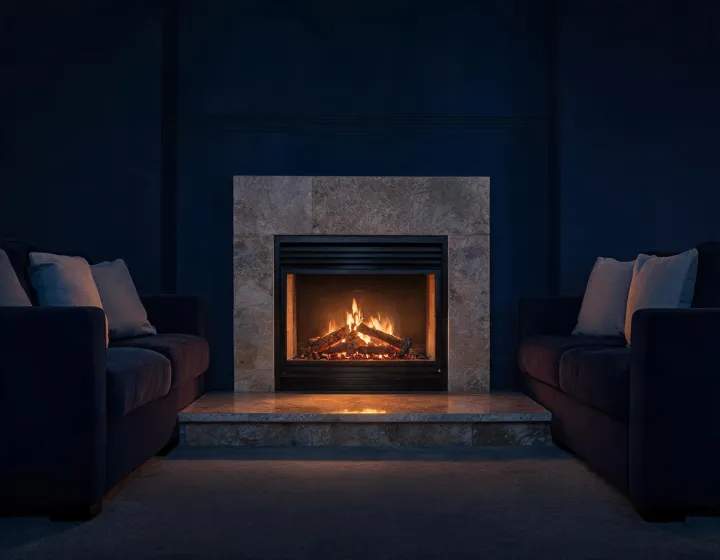 Valor gas fireplace glowing in a modern living room