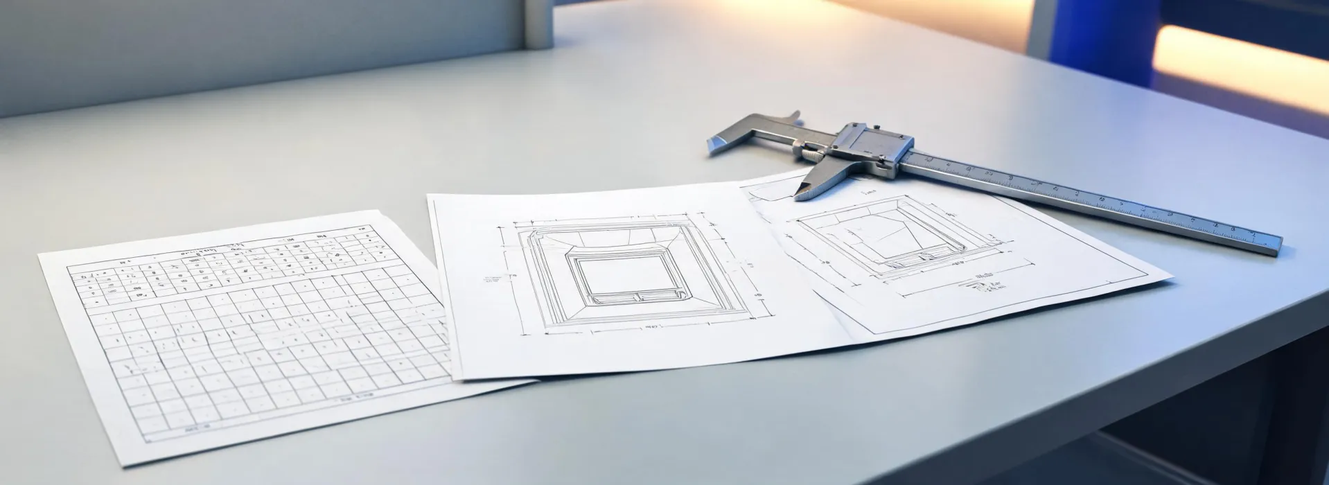 Valor specification sheets and fireplace samples on a drafting table